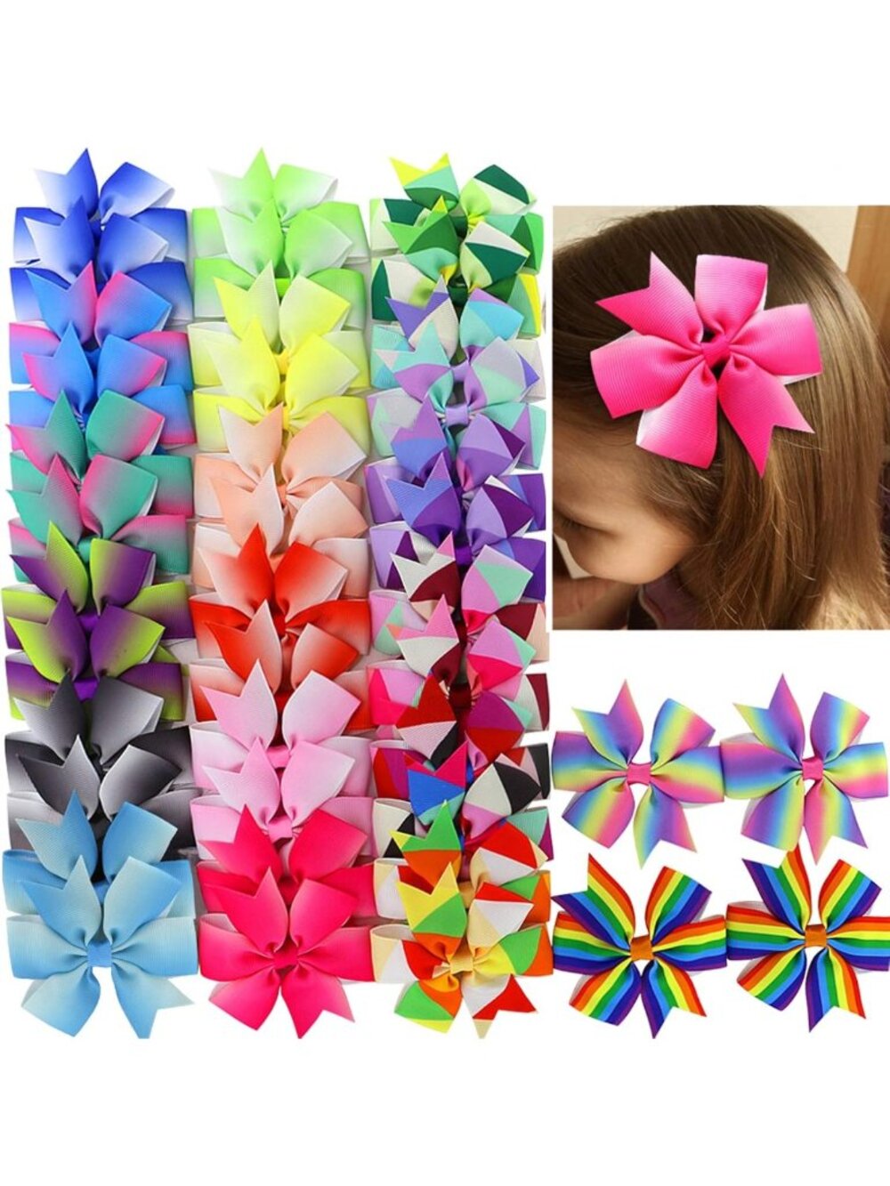 20 Pair Rainbow Pinwheel Bows Hair Clips - Grosgrain Ribbon for Girls & Kids